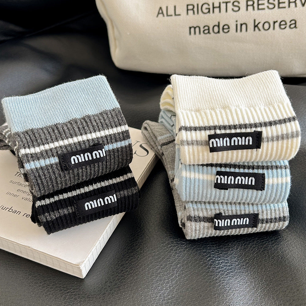 Women's Striped Cotton Crew Socks | Trendy Mid-Calf Socks