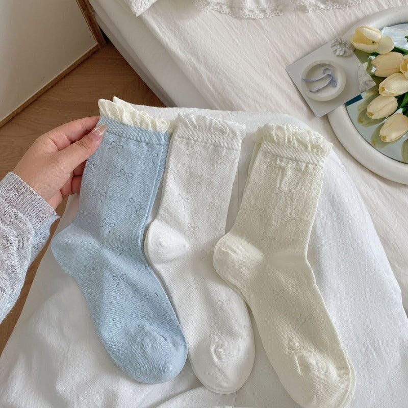 Ruffled Bow Cotton Crew Socks | Balletcore Socks for Women