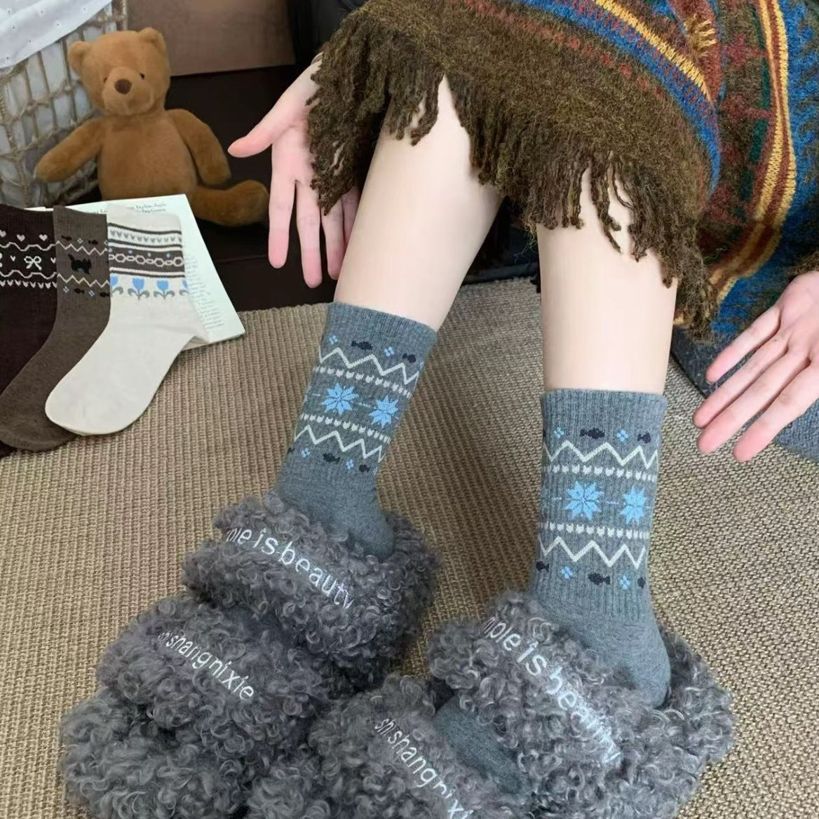 Vintage Fair Isle Crew Socks for Women | Cozy Winter Socks