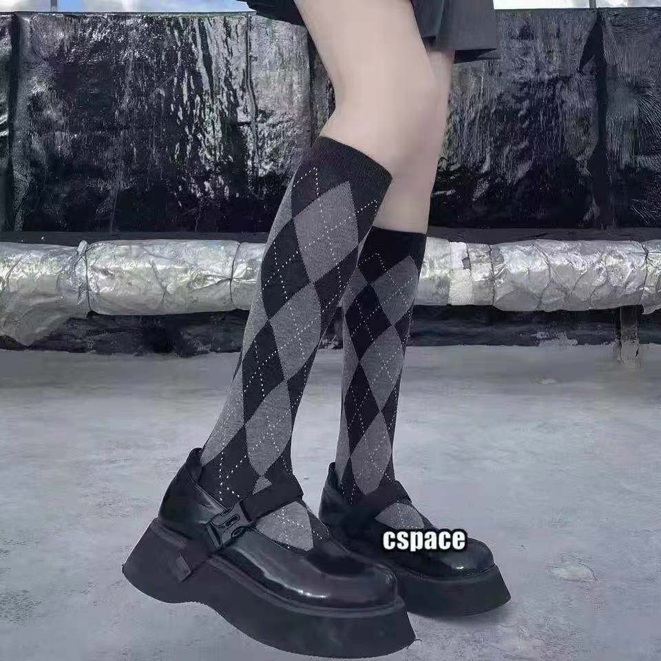 Argyle Patterned Calf Socks for Women | Preppy Cotton Socks