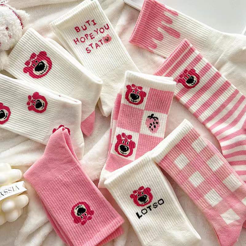 Cute Pink Strawberry Bear Crew Socks for Women