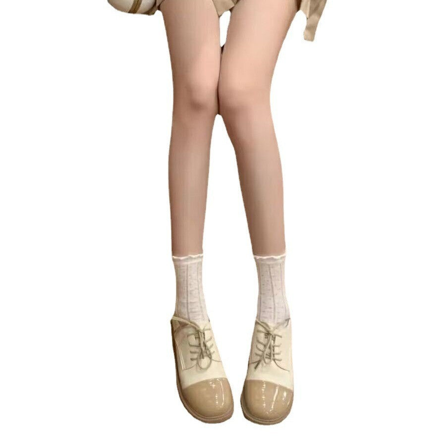 Ruffled Edge Crew Socks | Polka Dot Women's Mid Calf Socks
