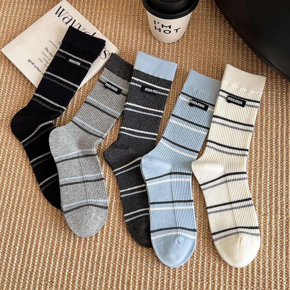 Women's Striped Cotton Crew Socks | Trendy Mid-Calf Socks