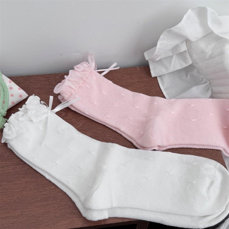 Ruffled Polka Dot Crew Socks for Women | Breathable Bow Socks