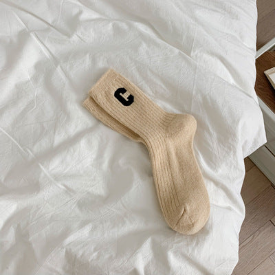 C-Logo Cotton Crew Socks for Women | Trendy Fall Winter Mid Calf