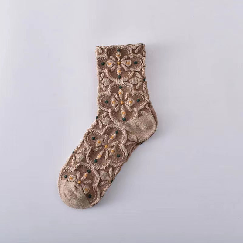 Vintage Floral Crew Socks for Women | Textured Retro Cotton Socks