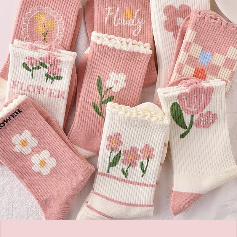 Cute Pink Floral Crew Socks for Women | Soft Cotton Patterned Socks