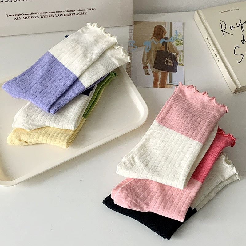 Cute Colorblock Ruffled Cotton Crew Socks for Women