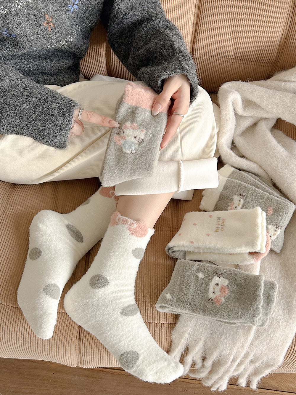 Cute Fuzzy Cozy Crew Socks | Hello Kitty Winter Socks for Women