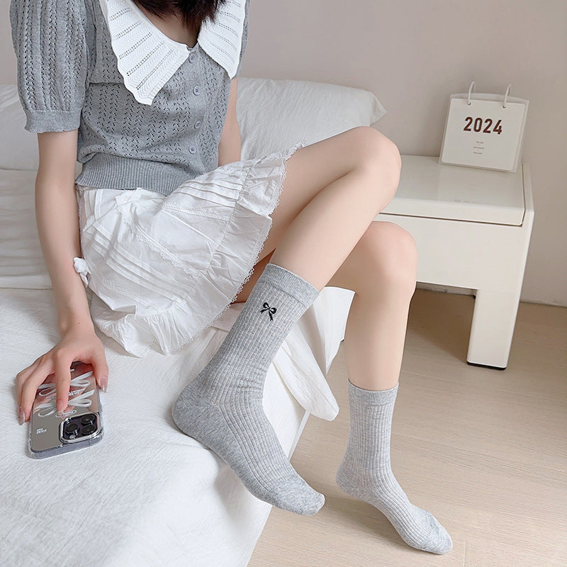 Embroidered Bow Cotton Crew Socks for Women | Casual Everyday Socks