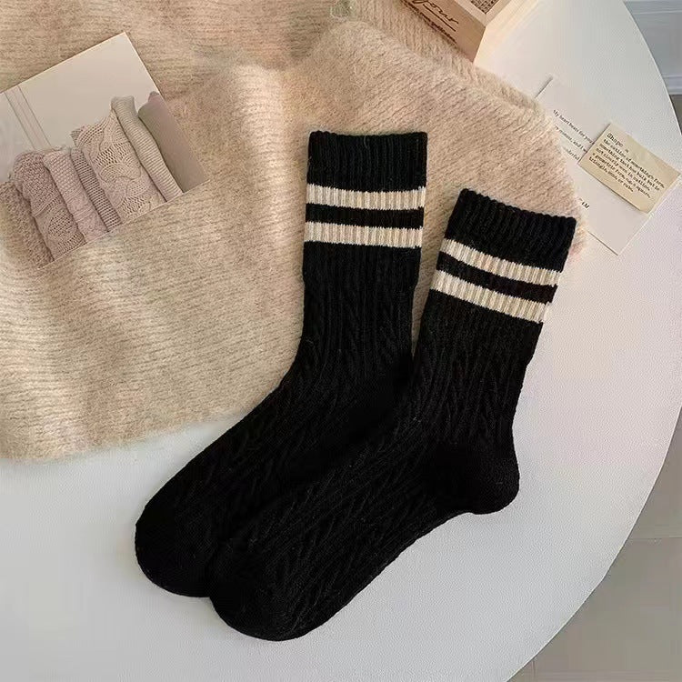 Cable Knit Two-Stripe Cozy Crew Socks for Women