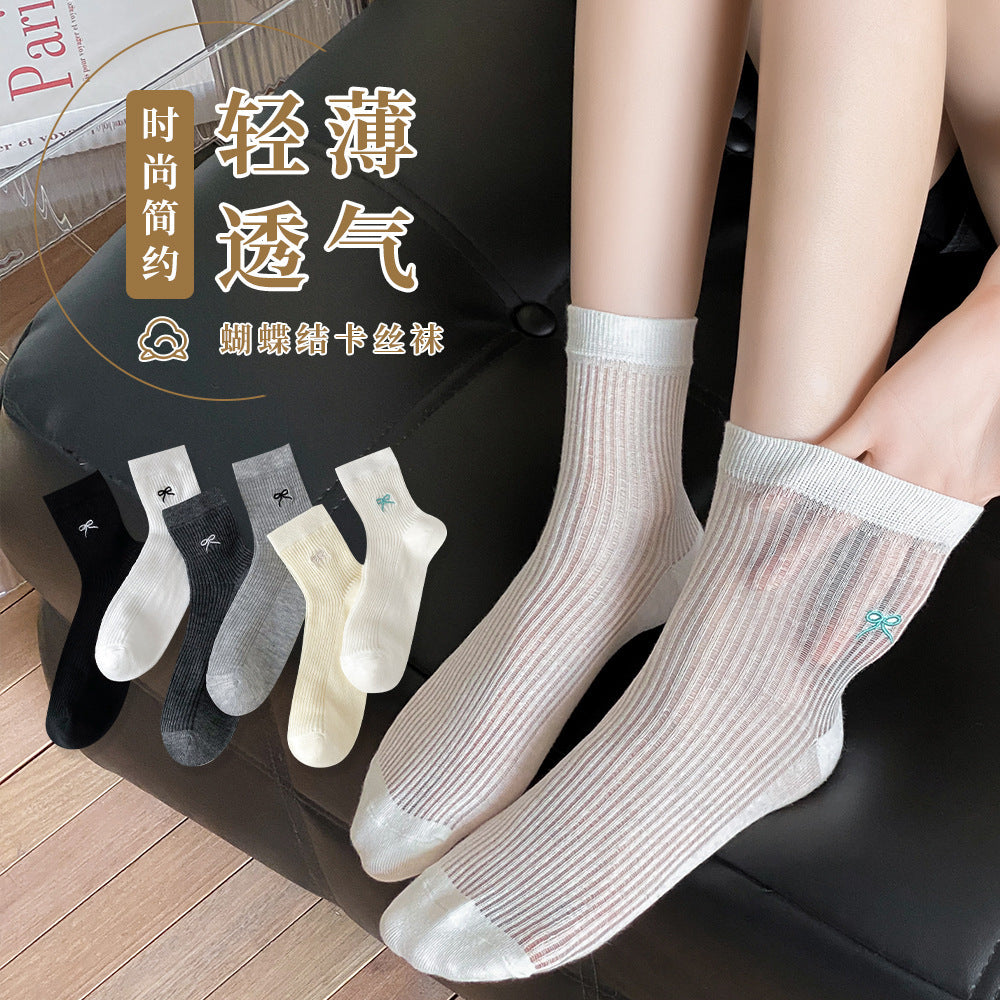 Bow Embroidered Women Ankle Socks | Breathable Cotton Mesh Summer Socks