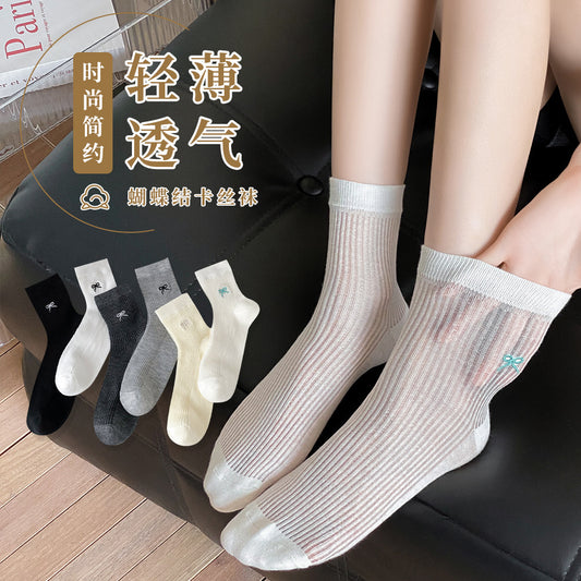 Bow Embroidered Women Ankle Socks | Breathable Cotton Mesh Summer Socks