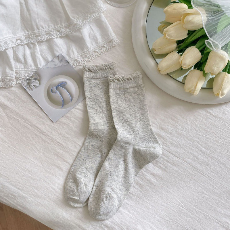 Ruffled Bow Cotton Crew Socks | Balletcore Socks for Women
