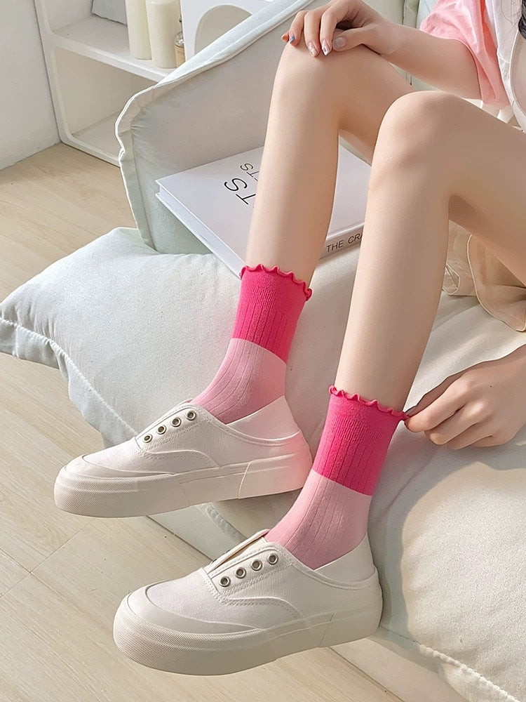 Cute Colorblock Ruffled Cotton Crew Socks for Women