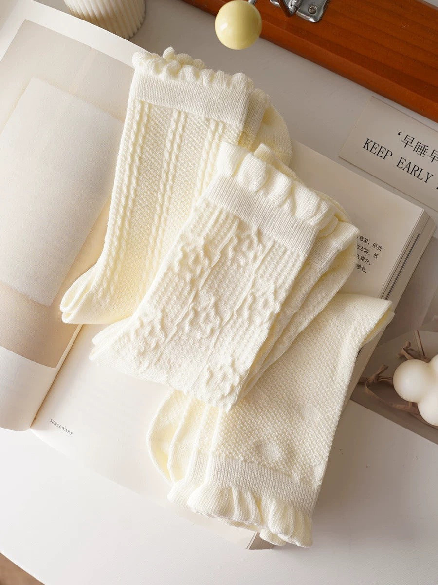 Cream Cotton Crew Socks for Women | Breathable Patterned Socks