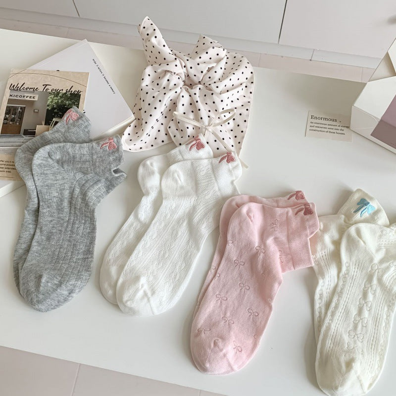 Embroidered Bow Ankle Socks | Thin Breathable Summer Socks
