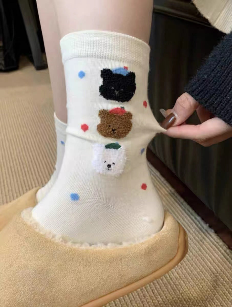 Cute Cotton Polka Dot Bear Crew Socks for Women