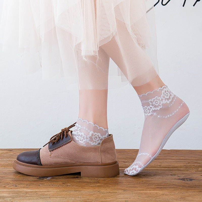 Lace Trim Sheer Ankle Socks for Women | Cotton Sole Thin Summer Socks