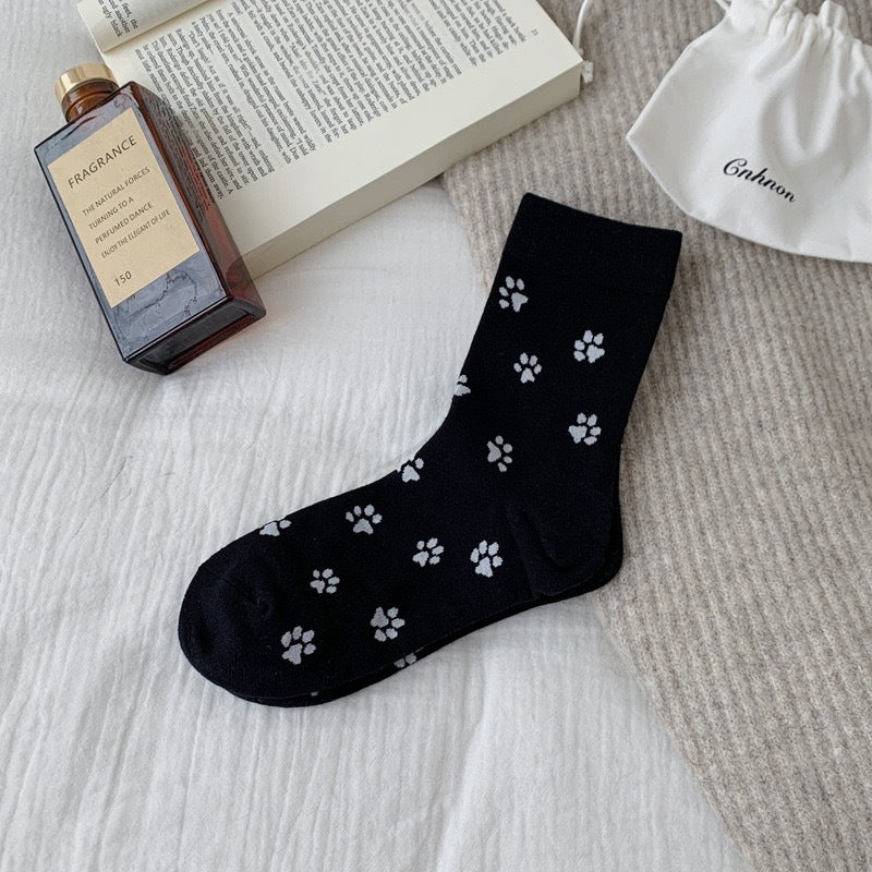 Playful Cat Paw Cotton Crew Socks for Women | Casual Patterned