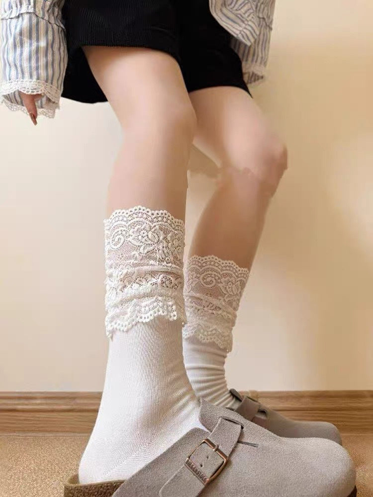 Lace Top Slouch Crew Socks for Women | Breathable Mid Calf Socks