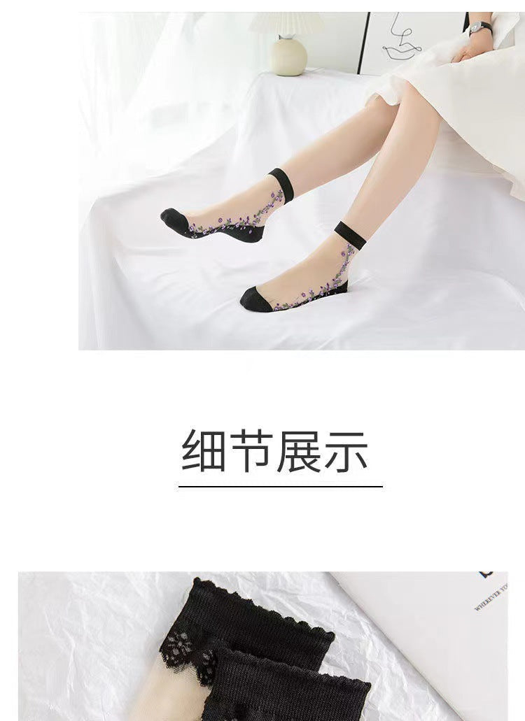 Floral Sheer Crew Socks for Women | Breathable Cotton Sole Summer Socks