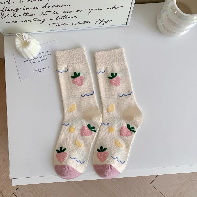Cute Cream Novelty Crew Socks for Women | Casual Patterned Socks