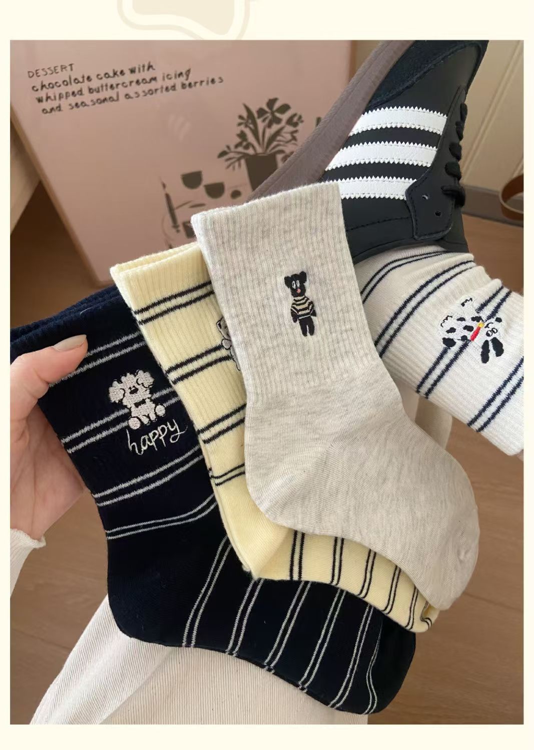 Cute Embroidered Striped Crew Socks for Women