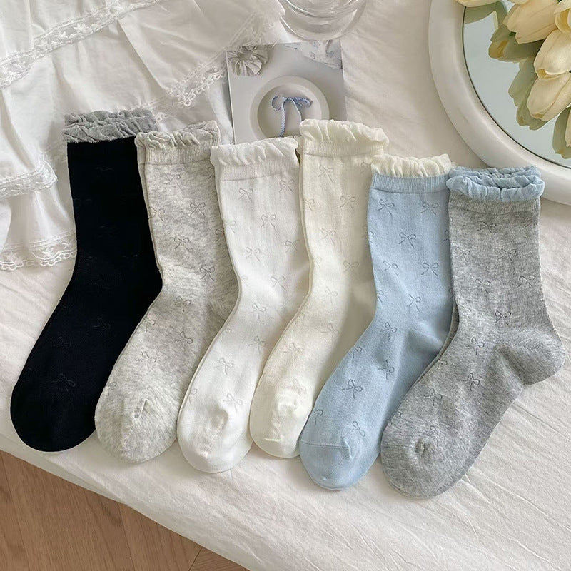 Ruffled Bow Cotton Crew Socks | Balletcore Socks for Women