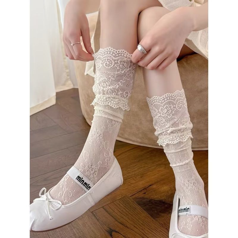 Lace Ruffle Mid Calf Socks | Sheer Kawaii Socks for Women