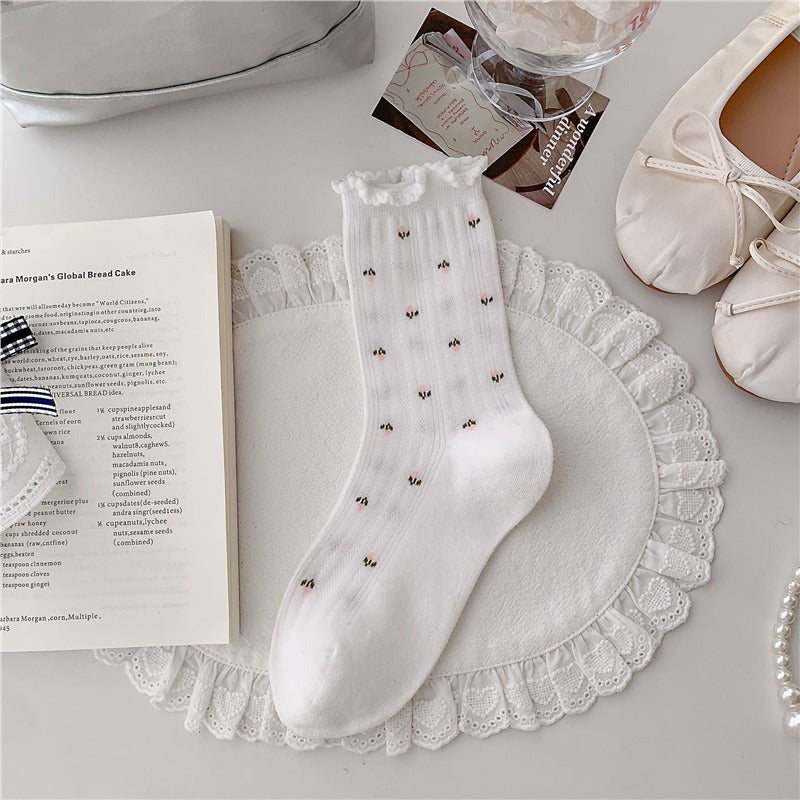 Floral Ruffle Crew Socks for Women | Thin Breathable Spring Socks