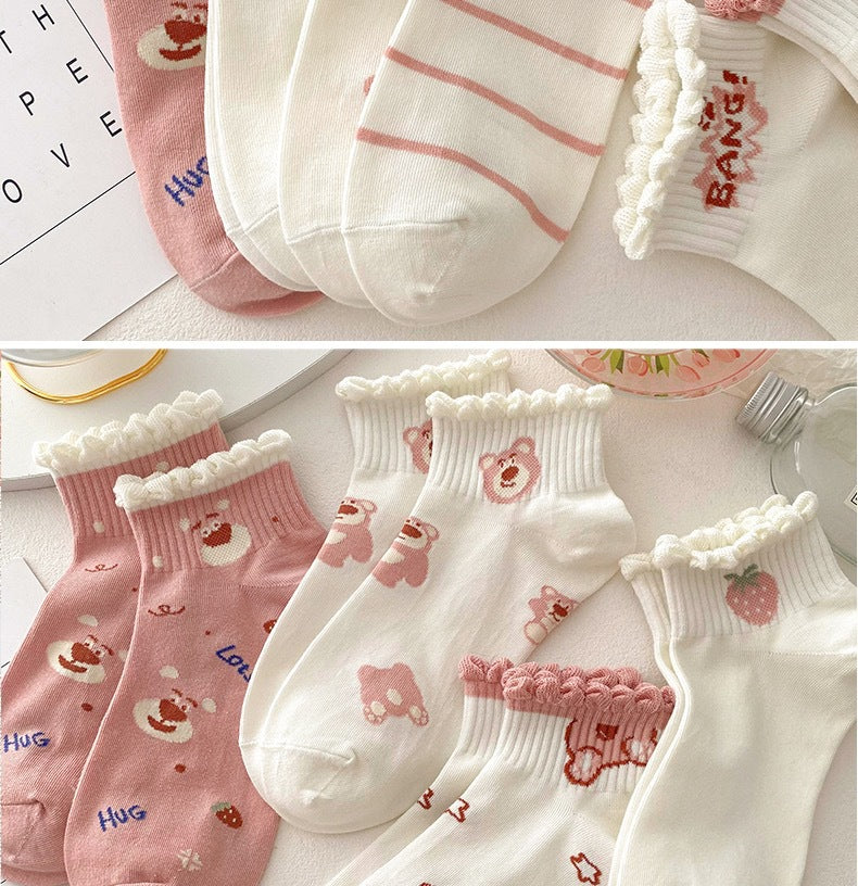 Cute Ruffled Ankle Socks for Women | Pink Strawberry Bear Cotton Socks