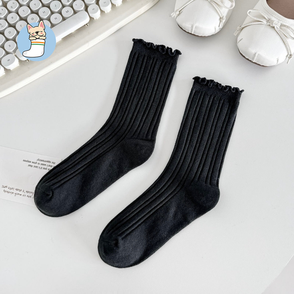 Ruffle Trim Solid Cotton Crew Socks for Women