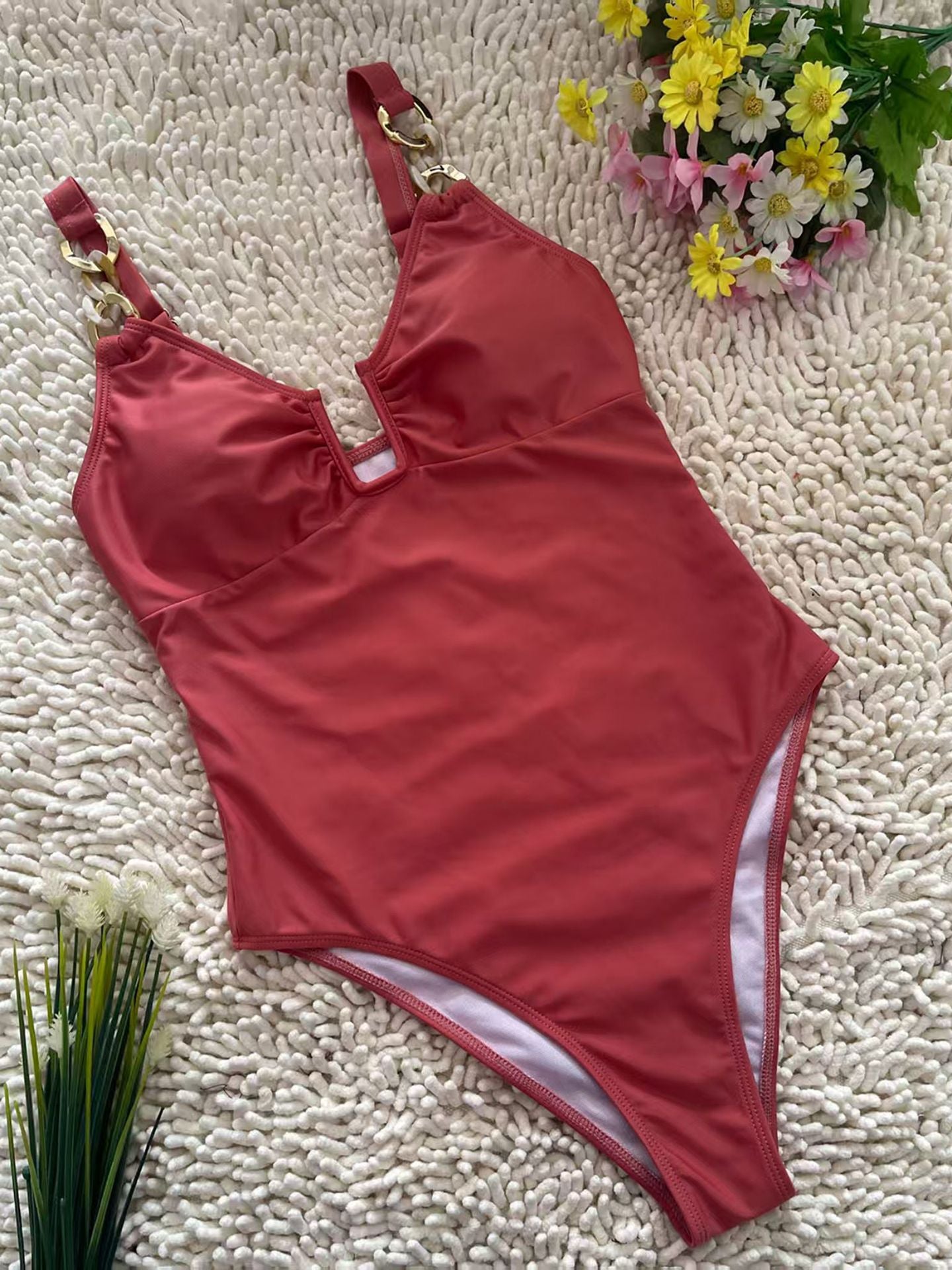 Solid Keyhole V-Neck One-Piece Swimsuit | Sexy Women's Beach Swimwear