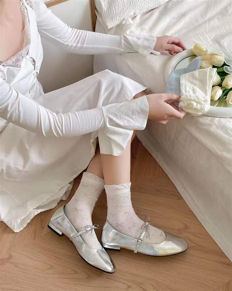 Ruffled Bow Cotton Crew Socks | Balletcore Socks for Women