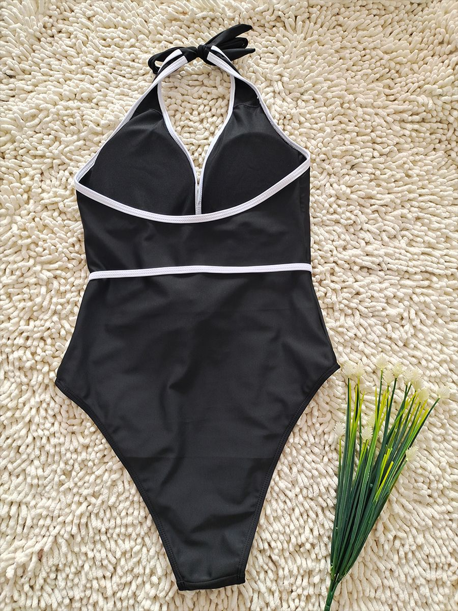 Black 3D Flower Halter One-Piece Swimsuit | Flattering Swimwear