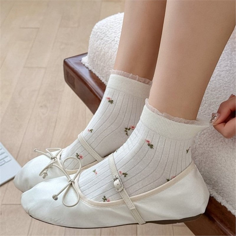 Vintage Floral Lace Ankle Socks for Women | Breathable Spring Summer Socks