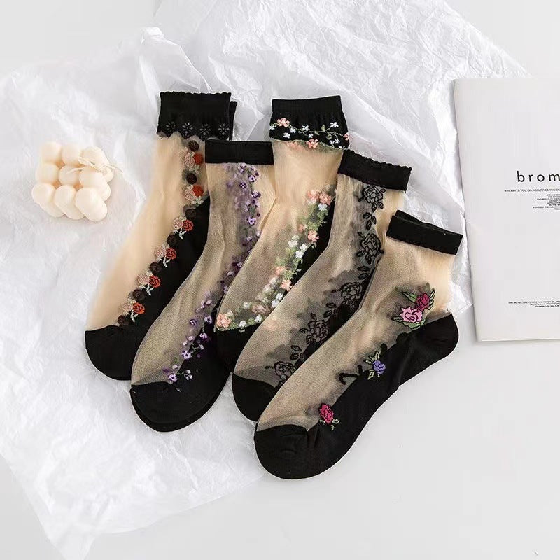 Floral Sheer Crew Socks for Women | Breathable Cotton Sole Summer Socks
