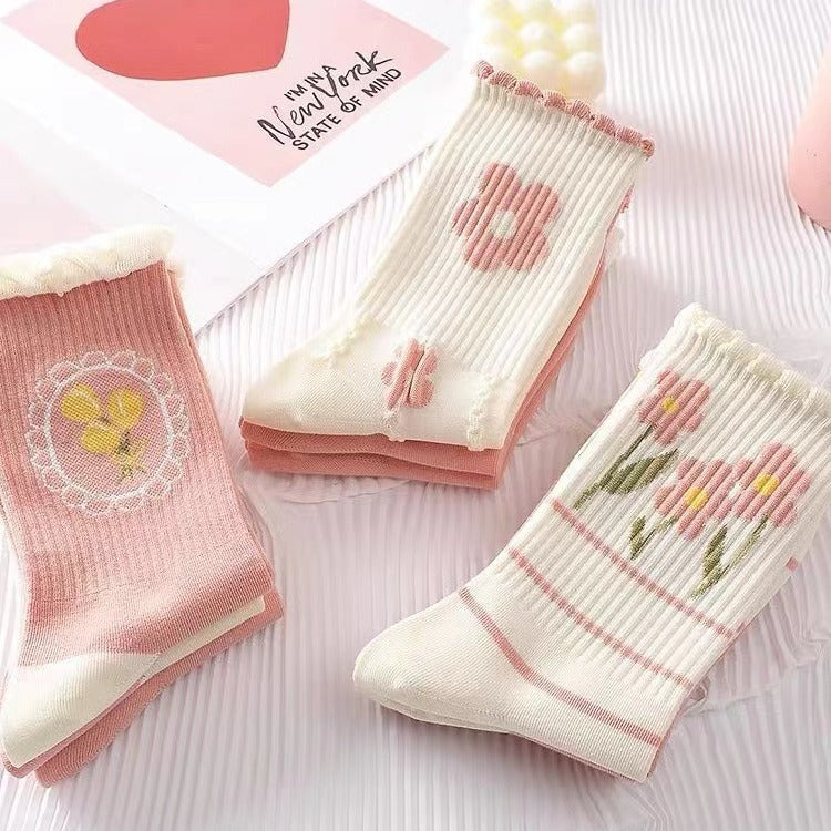 Cute Pink Floral Crew Socks for Women | Soft Cotton Patterned Socks