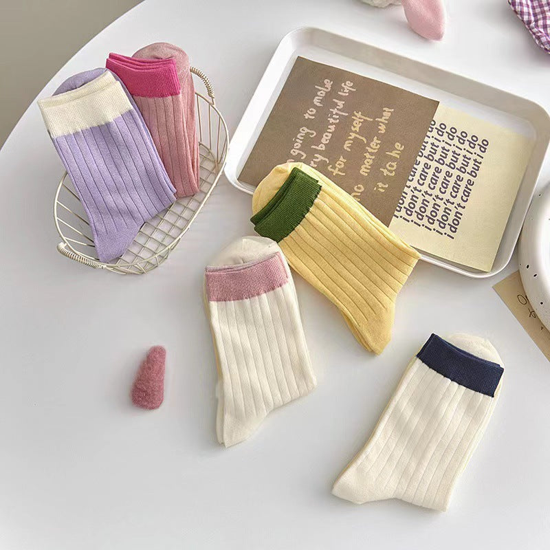 Contrast Cuff Crew Socks for Women | Lightweight Striped Cotton Socks