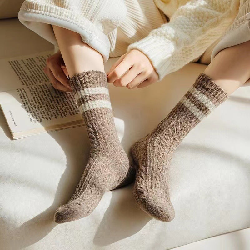 Cable Knit Two-Stripe Cozy Crew Socks for Women