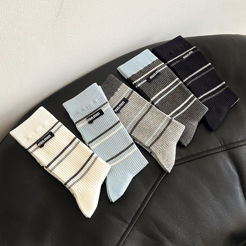 Women's Striped Cotton Crew Socks | Trendy Mid-Calf Socks