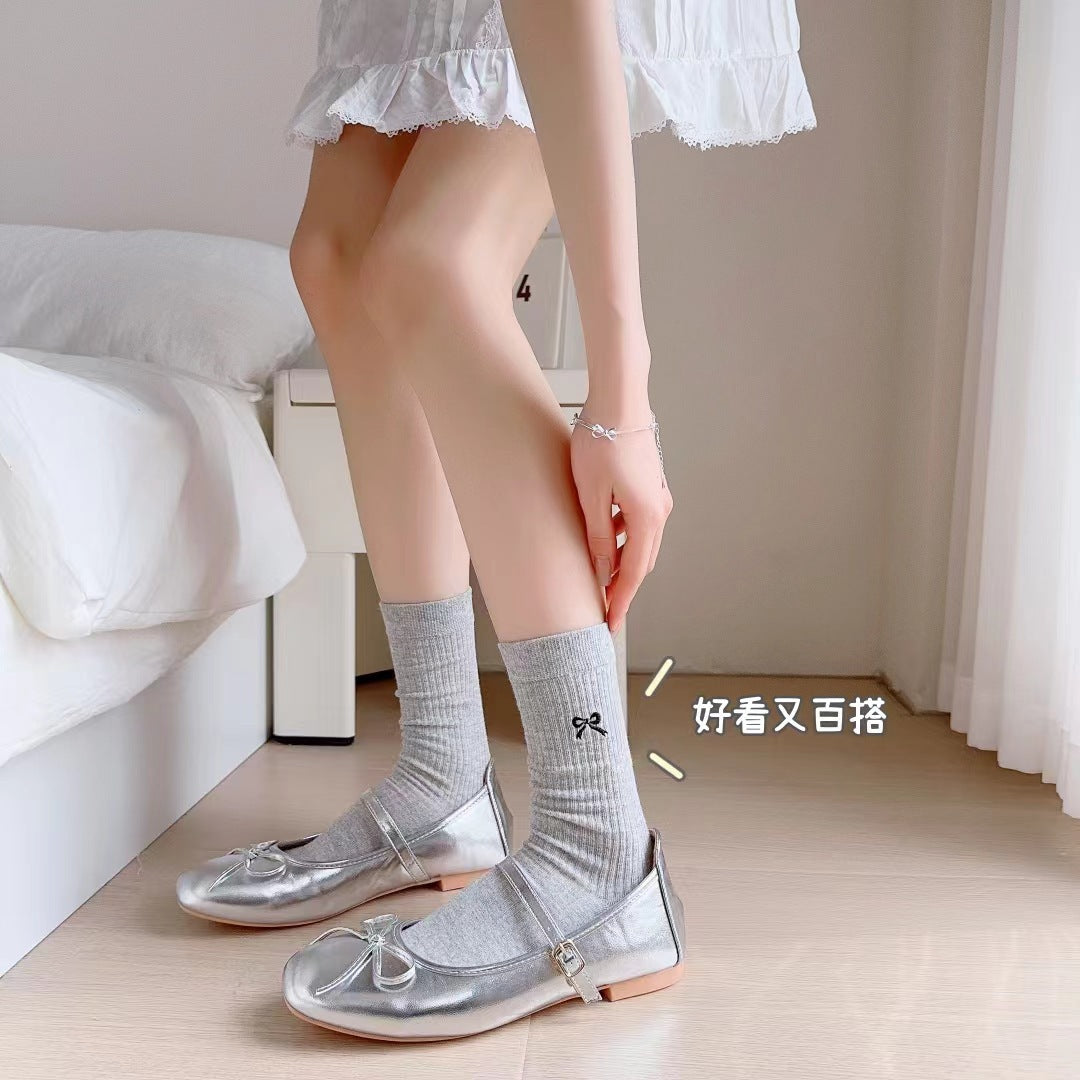 Embroidered Bow Cotton Crew Socks for Women | Casual Everyday Socks