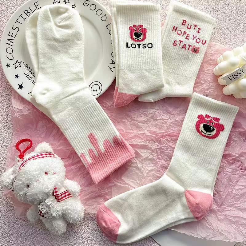 Cute Pink Strawberry Bear Crew Socks for Women