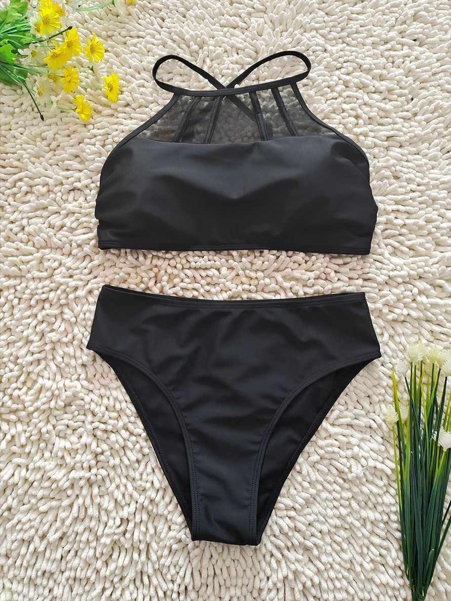 Black Mesh Halter High-Waist Bikini Set | Sexy Women's Swimwear