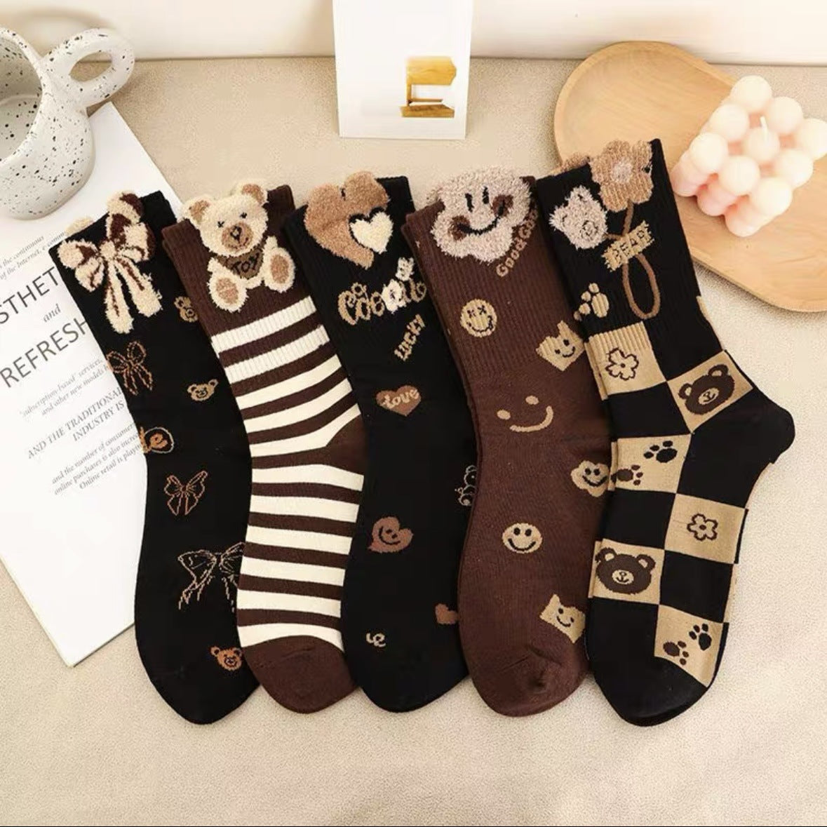 Cute Bear Crew Socks for Women | Cozy Fall Winter Patterned Socks
