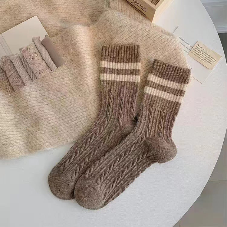 Cable Knit Two-Stripe Cozy Crew Socks for Women