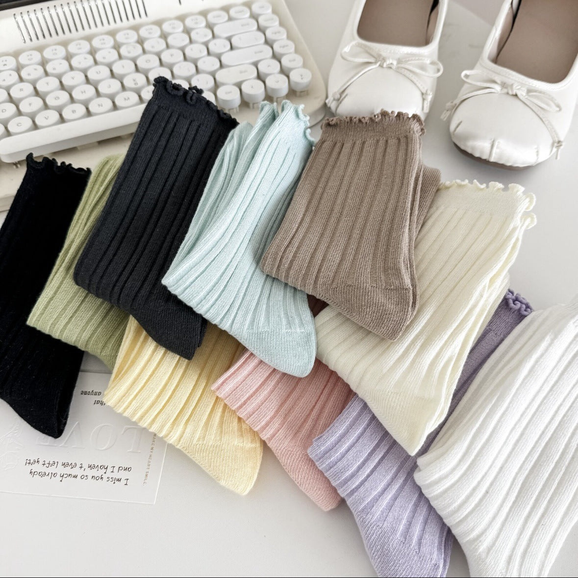 Ruffle Trim Solid Cotton Crew Socks for Women