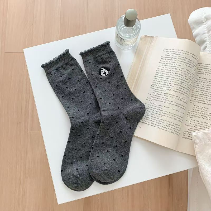 Cute Embroidered Dog Polka Dot Crew Socks for Women