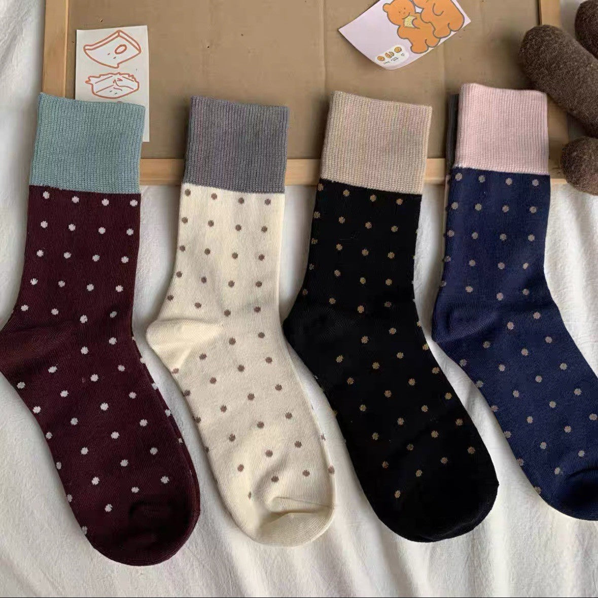 Retro Polka Dot Colorblock Crew Socks for Women